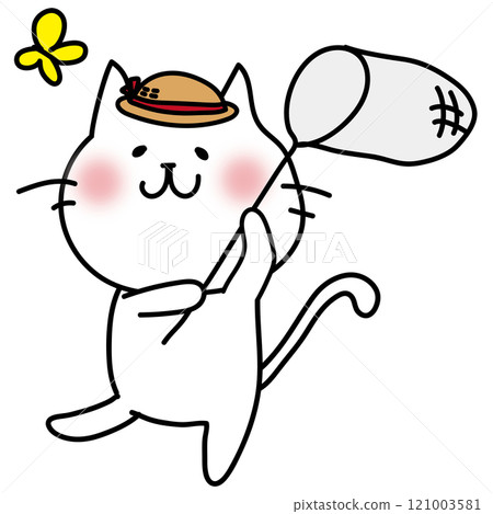 白貓用蟲網追著蝴蝶 白貓用蟲網追著蝴蝶 121003581