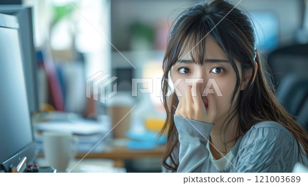 一位女士在辦公室座位上摀著鼻子做鬼臉 121003689