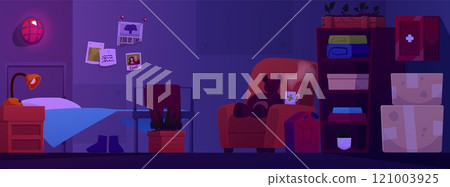 Vector illustration of a bunker bedroom. Shelter with a bed, wardrobe, things and an alarm. 121003925