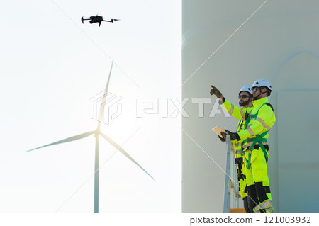 Team of electrical engineer is perform the inspection and maintenance of electric generating windmill turbine. Team of professional electrical engineers in fully safety suit are working and discussing 121003932