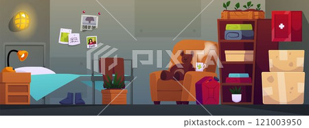 Underground bunker bedroom room interior, vector cartoon basement hopper shelter, closet storage, bed, potted plants 121003950