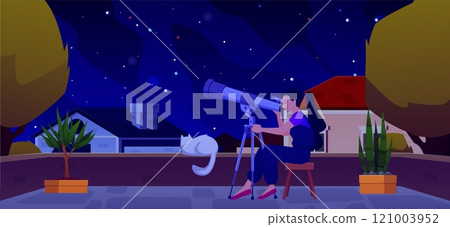 Woman with telescope enjoying stargazing on rooftop with cat at night, vector astronomic hobby on village roof terrace Woman with telescope enjoying stargazing on rooftop with cat at night, vector astronomic hobby on village roof terrace 121003952