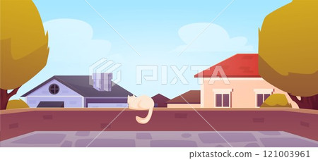 Rooftop view on autumn village houses and trees, vector country dwelling terrace on roof with sitting cat in sunny day 121003961
