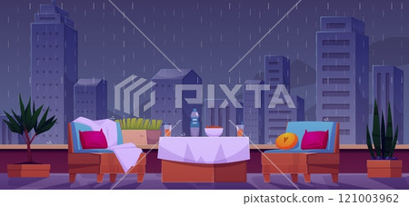 Vector illustration with evening balcony with a view of the city in the rain. 121003962