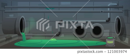 Sewage, sewer drainage pipes system, vector cartoon industrial urban canalization pipeline with dripping toxic liquid 121003974