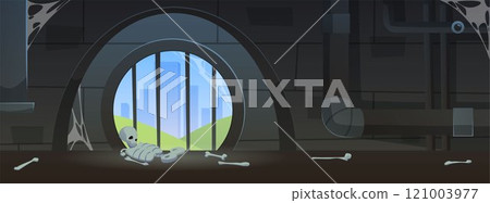 Vector illustration of an abandoned sewer room with cobwebs, human skeleton and bones. Vector illustration of an abandoned sewer room with cobwebs, human skeleton and bones. 121003977