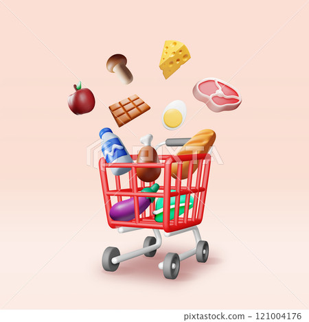 3D shopping cart with fresh products. 3D shopping cart with fresh products. 121004176