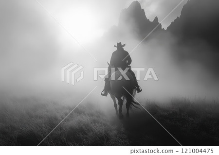 A silhouette of a cowboy riding a horse through dense mist and fog 121004475