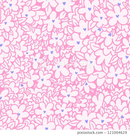 Line flowers pink on beige background vector seamless pattern. Design for decoration, wall decor, wallpaper, cover, banner, poster, card. 121004629