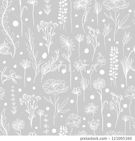 Seamless white and grey pattern grass and flowers. hand drawing. Not AI, Vector illustration. 121005160