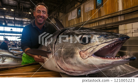 A joyful man at fish market proudly shows a huge fish, smiling widely and shows the product 121005223