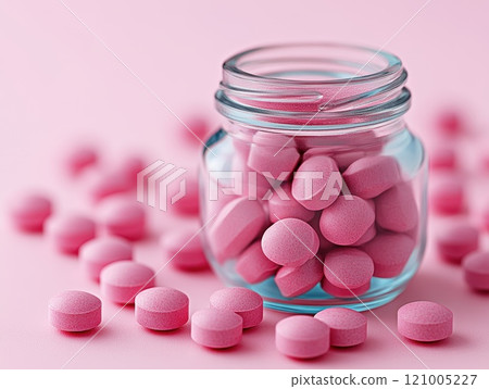 Weight loss pills scattered on a pink background, representing health, fitness, and slimming supplements 121005227