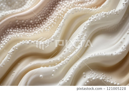 A texture of whipped egg whites or cosmetic cream with delicate waves and bubbles, culinary visuals 121005228