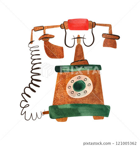 Antique rotary dial telephone from the late 19th - early 20th century. Gold, twisted wire. Evolution of telephony, history of communications. Isolated watercolor illustration. Antique rotary dial telephone from the late 19th - early 20th century. Gold, twisted wire. Evolution of telephony, history of communications. Isolated watercolor illustration. 121005362