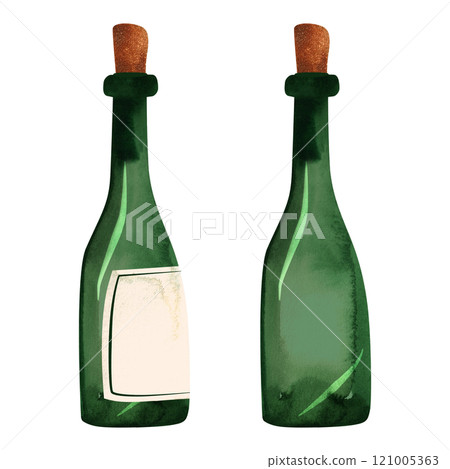 Green glass wine bottle with big cork and white blank label. Winemaking, restaurant business, alcohol for wedding or holiday. Isolated watercolor illustration. 121005363