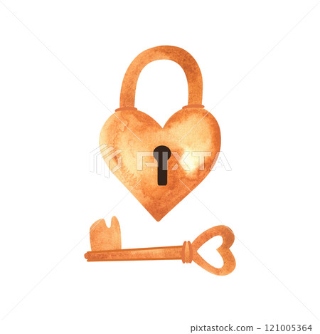 Heart-shaped lock and key. Wedding symbol of eternal love. Tradition. Isolated watercolor illustration. Heart-shaped lock and key. Wedding symbol of eternal love. Tradition. Isolated watercolor illustration. 121005364