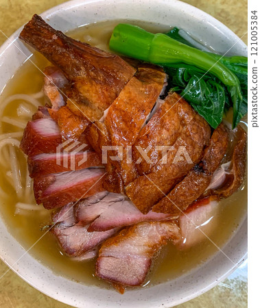 Hong Kong traditional food Lai Fun noodles with roasted pork and duck 121005384
