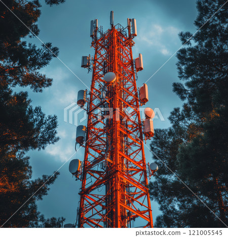 Telecommunication network tower surrounded by trees under cloudy sky. vibrant red structure features various antennas and satellite dishes, showcasing modern technology in natural setting 121005545