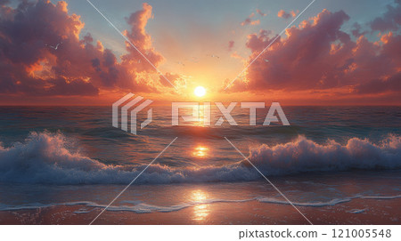 tranquil sunrise over calm ocean with soft orange and pink hues reflecting on water. Gentle waves lap at shore, creating serene atmosphere 121005548