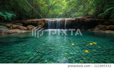 serene tropical rainforest featuring gentle waterfall flowing into clear pool, surrounded by lush greenery and vibrant yellow flowers 121005552