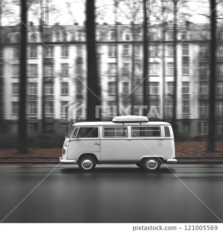white van in motion, captured with blurred background of trees and buildings, evokes sense of speed and adventure 121005569