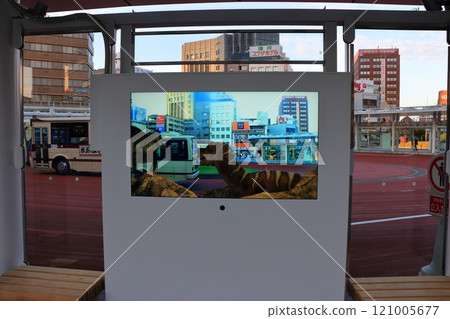 Holograph dinosaur video at Fukui train and bus stations in Fukui City in Japan Holograph dinosaur video at Fukui train and bus stations in Fukui City in Japan 121005677