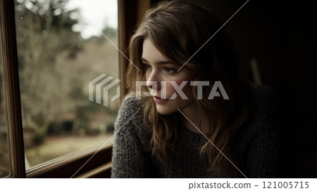 Young woman gazing thoughtfully out a window on a cloudy day 121005715