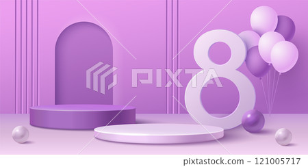 Purple pastel 8 March scene with podiums 121005717