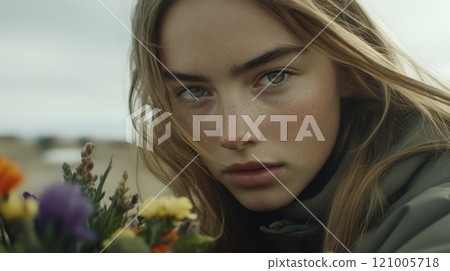 Pensive woman surrounded by colorful flowers in natural outdoor setting 121005718