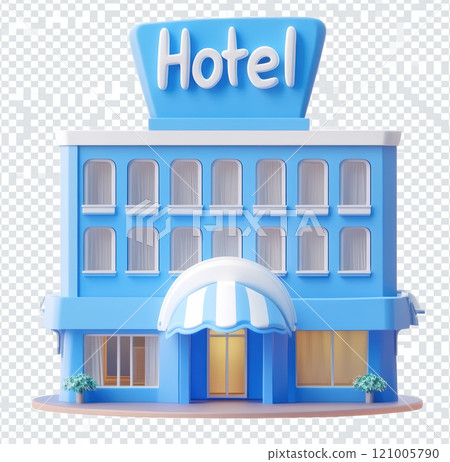 charming blue hotel building with welcoming entrance and sign on top. design features large windows and striped awning, creating friendly atmosphere charming blue hotel building with welcoming entrance and sign on top. design features large windows and striped awning, creating friendly atmosphere 121005790