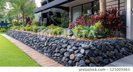 Gabion Stone Fence, Retaining Wall Gabion Baskets, Stones in Wire Mesh, Modern Garden Gravel Border Gabion Stone Fence, Retaining Wall Gabion Baskets, Stones in Wire Mesh, Modern Garden Gravel Border 121005863