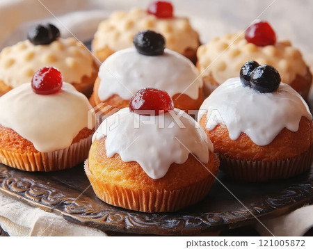 A white dome-shaped pastry with a red berry, Sicilian dessert named after Saint Agatha 121005872