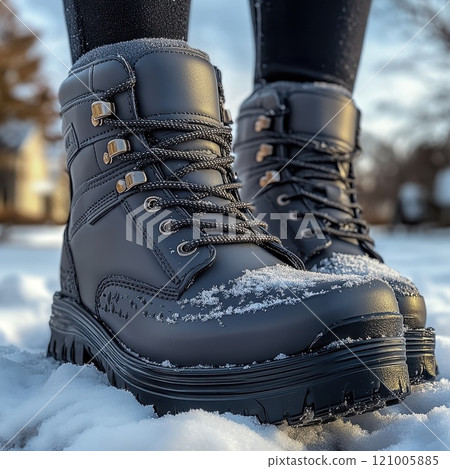Winter boots on snowy ground, showcasing warm, waterproof, and durable hiking footwear 121005885