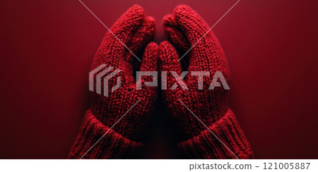 Knitted red mittens placed on a matching red background, showcasing cozy, soft winter gloves 121005887