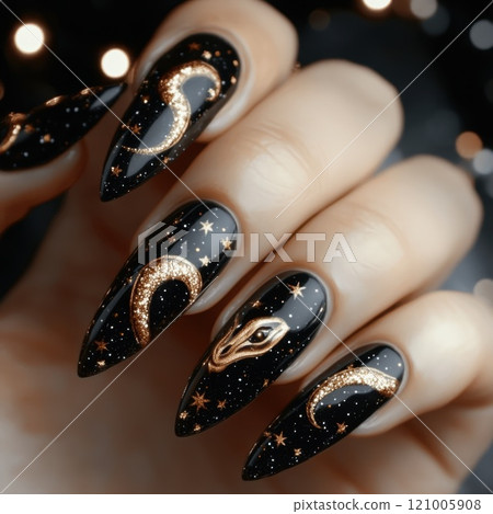 New Year's festive nail design featuring the snake symbol, combining holiday colors, glitter 121005908
