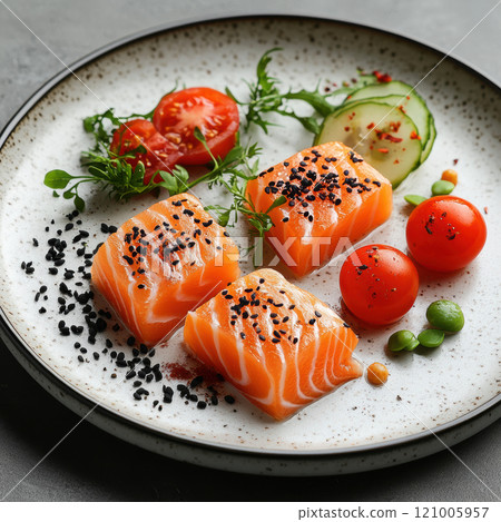 Fresh salmon fillets garnished with black sesame seeds, cherry tomatoes, cucumber slices, and herbs on decorative plate create vibrant and healthy dish 121005957