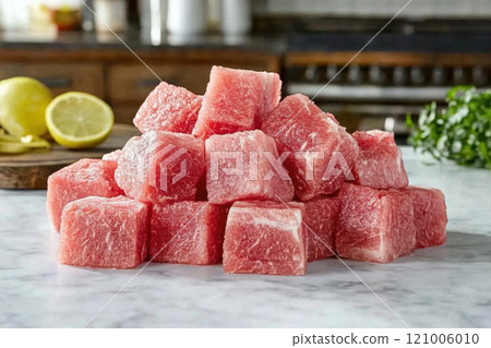 Fresh pink tuna cubes stacked on marble surface, surrounded by lemon and herbs, evoke sense of culinary creativity and freshness 121006010