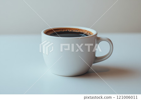 Freshly brewed cup of coffee with rich dark color and smooth surface. Perfect for cozy morning or afternoon break, this cup invites relaxation and enjoyment 121006011