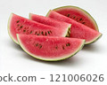 Freshly sliced watermelon with visible seeds, showcasing vibrant red flesh and green rind, perfect for summer enjoyment 121006026