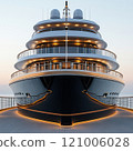 Luxurious cruise ship front view showcasing elegant design and lighting. sleek lines and modern architecture create stunning visual against serene backdrop 121006028