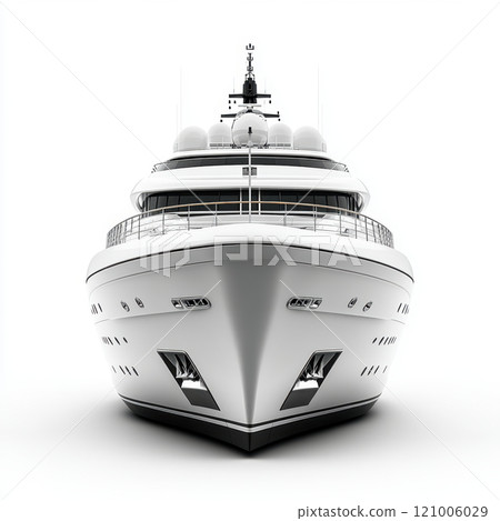Luxury cruise ship front view showcasing sleek design and modern features. ship elegant lines and polished surface reflect sophistication and adventure on open sea 121006029