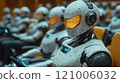Futuristic classroom filled with humanoid robots, showcasing advanced AI technology and innovation in education. robots are designed for interactive learning experiences 121006032