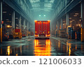 red truck parked in large, industrial warehouse with reflective wet floors. atmosphere is moody and illuminated by overhead lights, showcasing busy logistics environment 121006033
