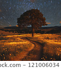 winding path leads through field of glowing flowers under starry sky, with solitary tree standing tall. scene evokes sense of tranquility and wonder 121006034