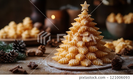 Pastry christmas tree, Xmas cream puffs, Xmas spruce holiday dessert, festive decoration Pastry christmas tree, Xmas cream puffs, Xmas spruce holiday dessert, festive decoration 121006093