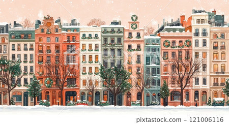 Christmas watercolor town, colorful old houses, European New Year charm 121006116