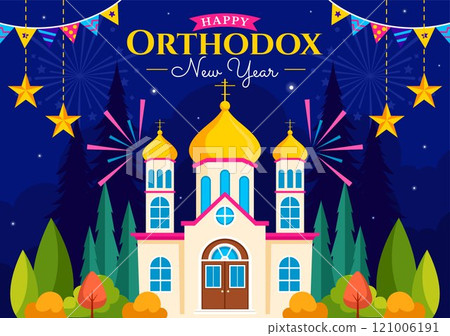 Happy Orthodox New Year Vector Illustration Celebrated on January 14, Featuring a Church and Fireworks in a Flat Cartoon Style Background Happy Orthodox New Year Vector Illustration Celebrated on January 14, Featuring a Church and Fireworks in a Flat Cartoon Style Background 121006191