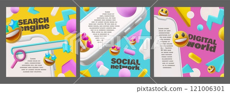 Vector 3D posters with smiling emojis, search stack and messages in the digital world. 121006301