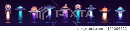 A vector collection of soaring spaceships with a futuristic design and bright engine lights A vector collection of soaring spaceships with a futuristic design and bright engine lights 121006312