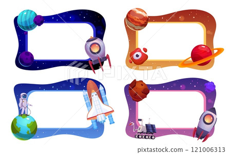 Photo frame space theme design cartoon set, astronaut in galaxy and alien UFO, border with spaceship, rocket spaceship 121006313